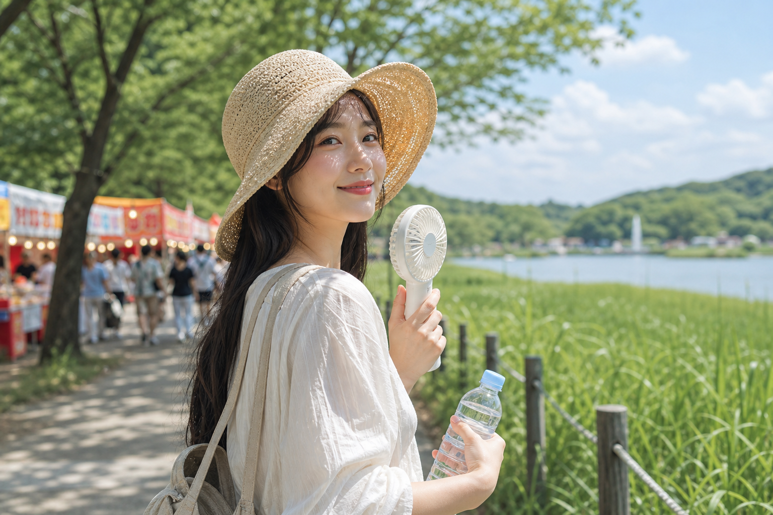 여름 야외 축제와 호수길 산책 준비 장면의 대표 이미지