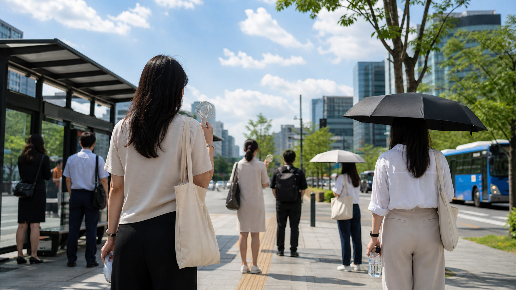 서울 여름 출근길 더위와 우산, 휴대용 선풍기 분위기의 대표 이미지