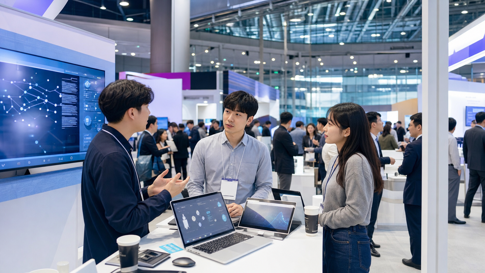 코엑스 스타트업 기술 전시와 AI 데모 부스 분위기의 대표 이미지