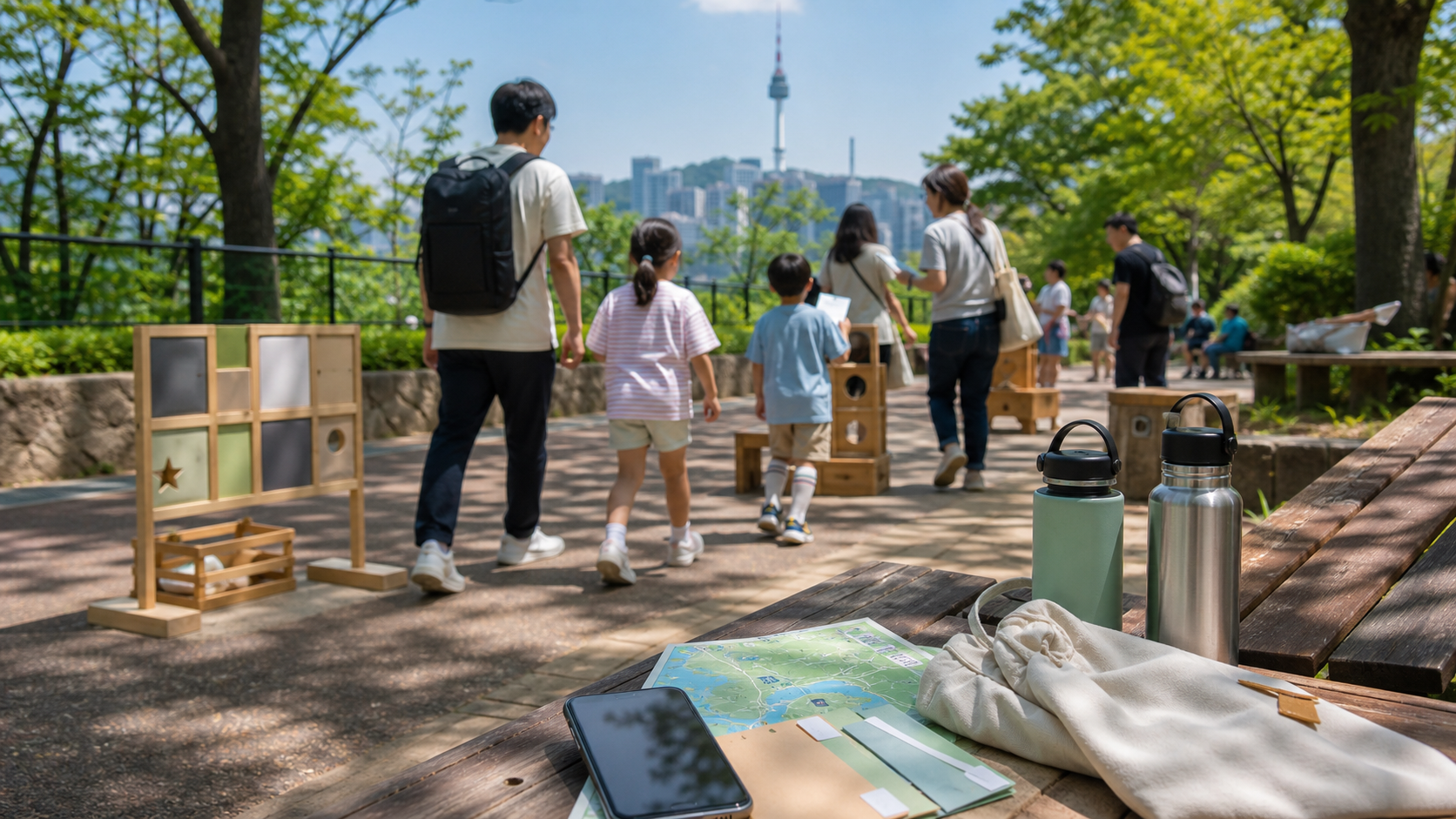 남산 공원 산책로에서 가족들이 야외 미션 게임에 참여하는 대표 이미지