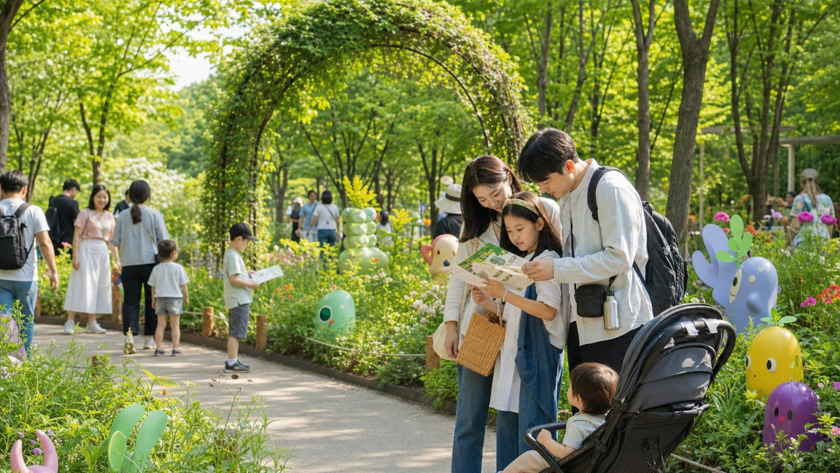 서울숲 캐릭터 테마 정원에서 가족이 지도를 보며 걷는 대표 이미지