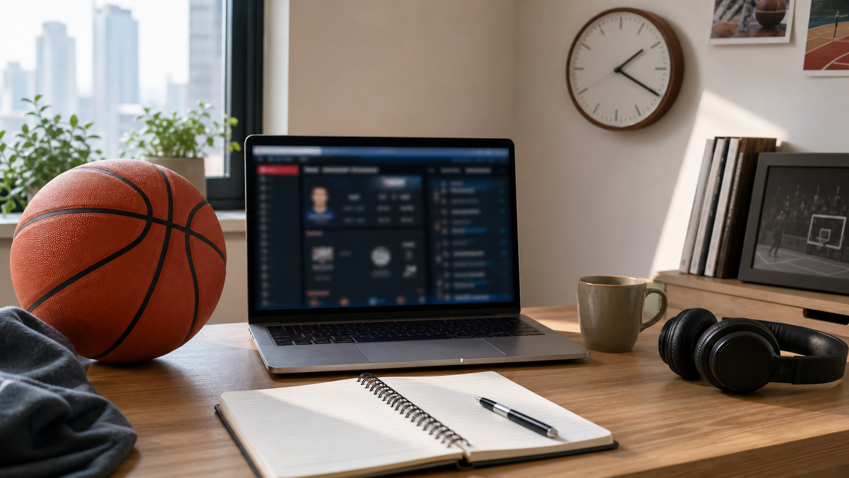 NBA 드래프트 소식을 노트북으로 확인하는 농구 팬 책상 대표 이미지