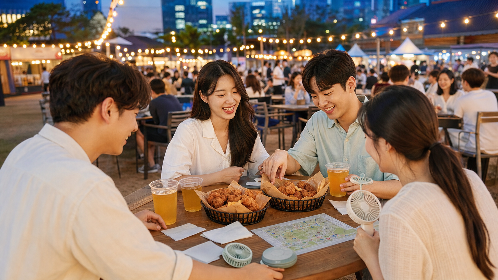 여름 야외 음식 축제를 즐기는 사람들과 휴대용 선풍기, 지도, 음료가 놓인 대표 이미지