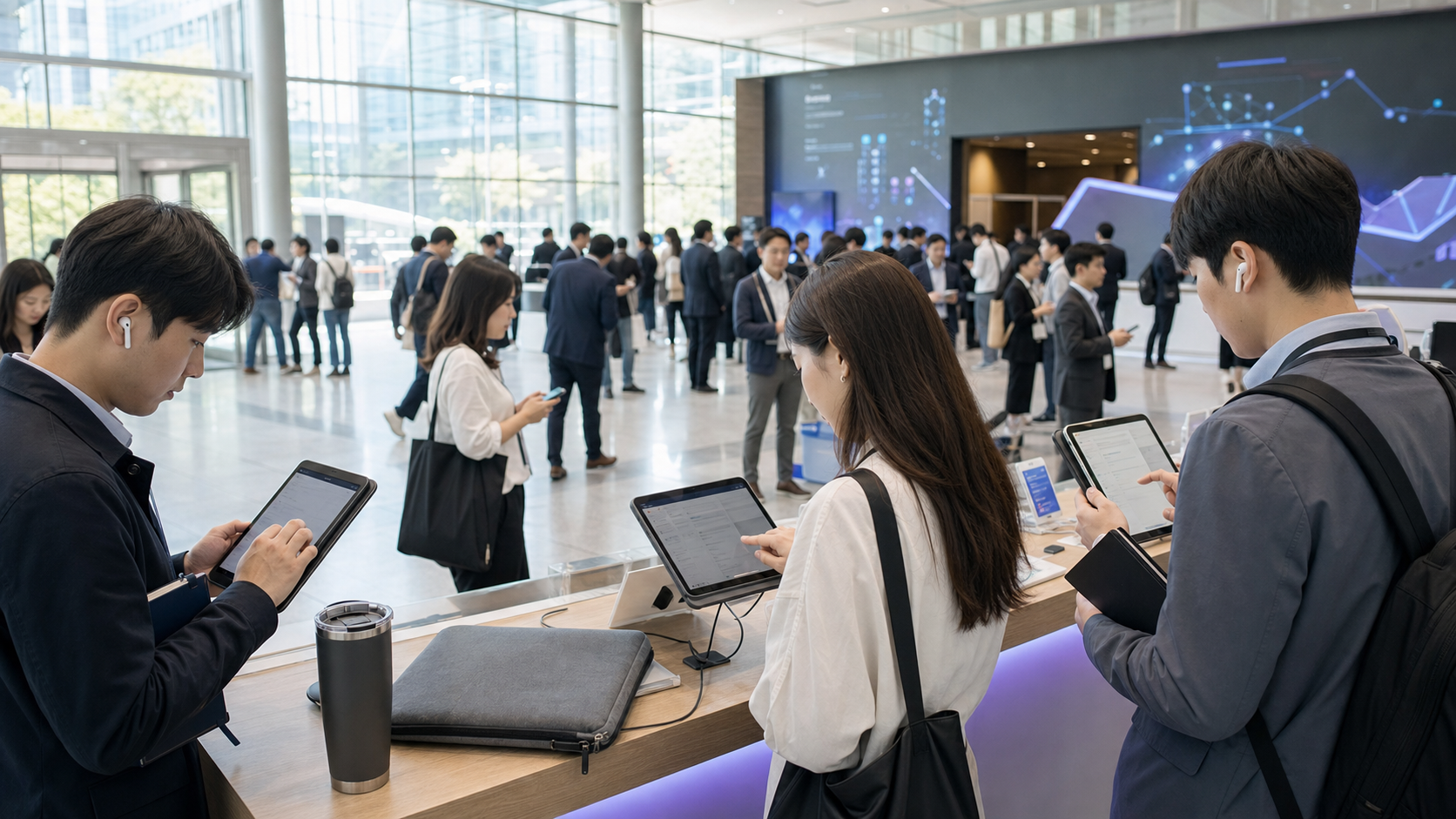 코엑스 컨퍼런스 로비에서 태블릿과 노트북을 확인하는 참가자들 대표 이미지