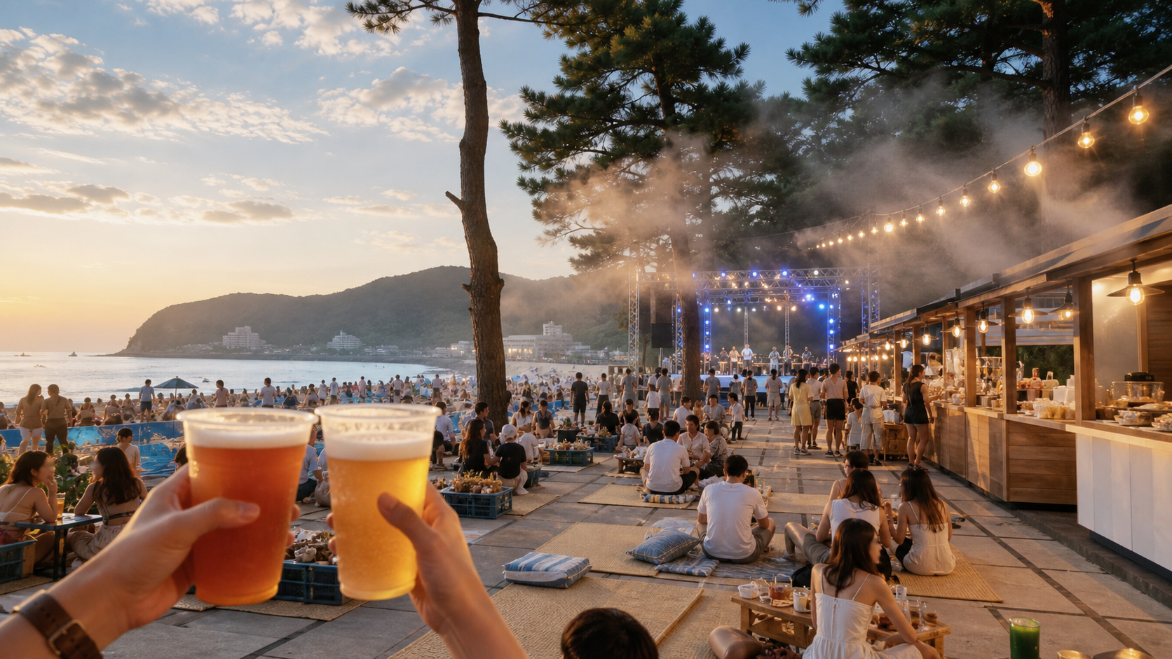 경포 해변 축제장에서 음료와 공연, 푸드 부스를 즐기는 여름 저녁 대표 이미지