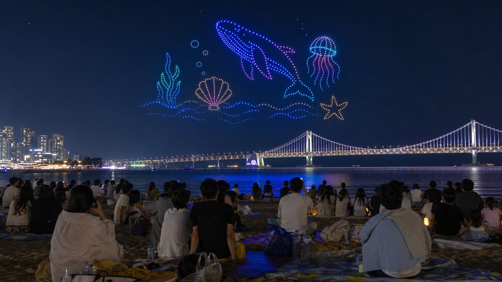 광안리 해변 드론라이트쇼 관람 분위기를 표현한 대표 이미지