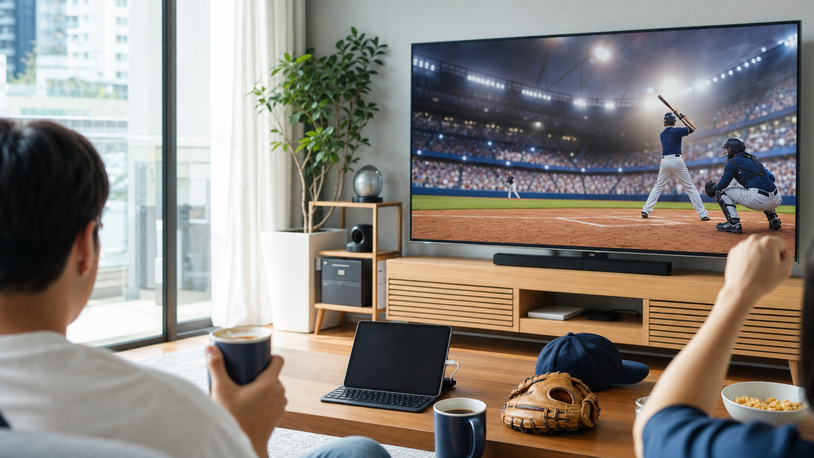 집에서 아침 시간대 MLB 홈런더비를 보는 생활 장면 대표 이미지