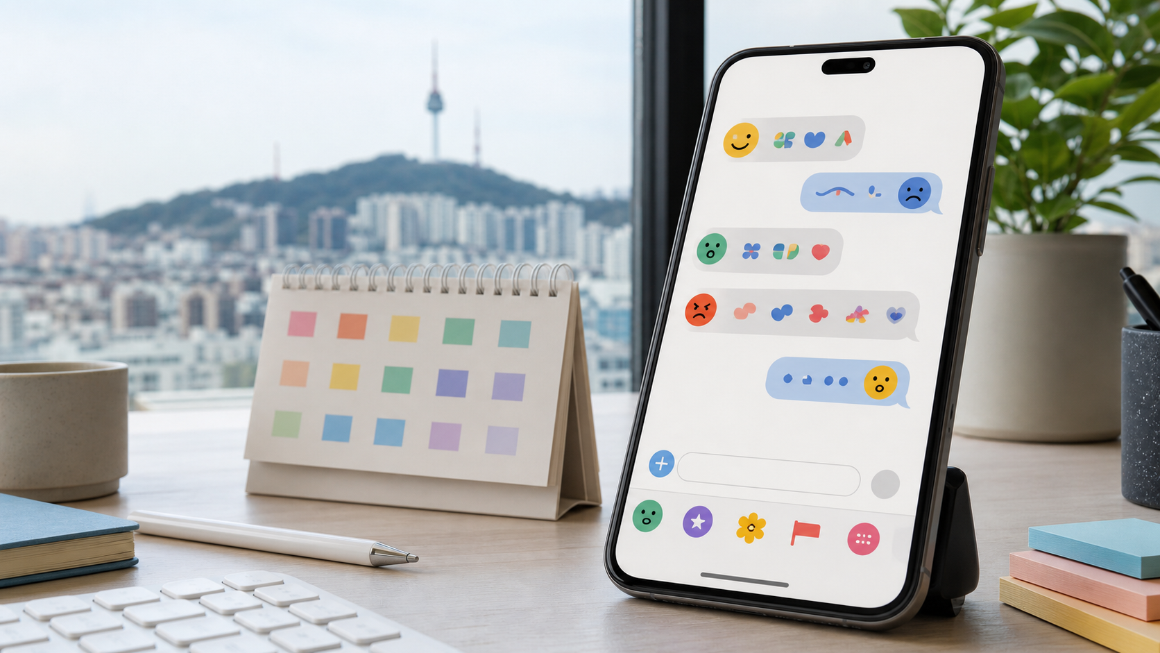 스마트폰의 추상 픽토그램과 달력, 키보드가 놓인 밝은 작업 책상 대표 이미지