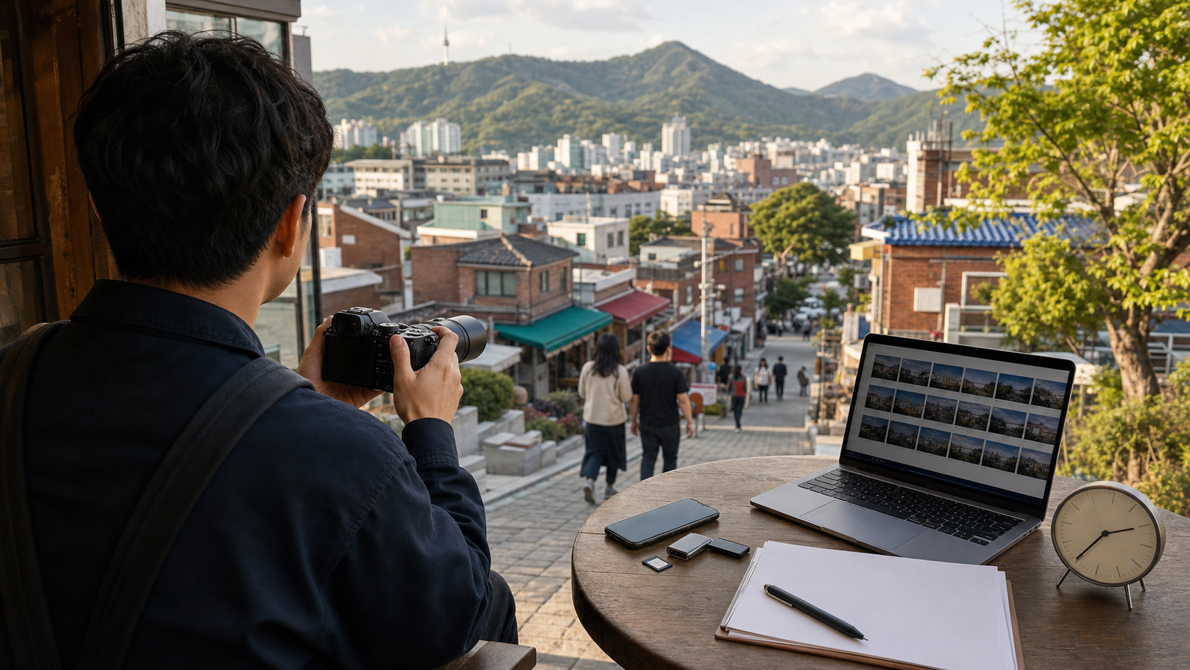서울 골목을 촬영하는 사진가와 노트북, 메모리카드가 놓인 마감 준비 장면 대표 이미지
