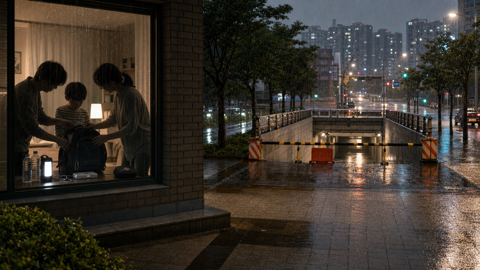 집중호우가 내리는 도시와 실내에서 비상가방을 준비하는 안전 장면 대표 이미지