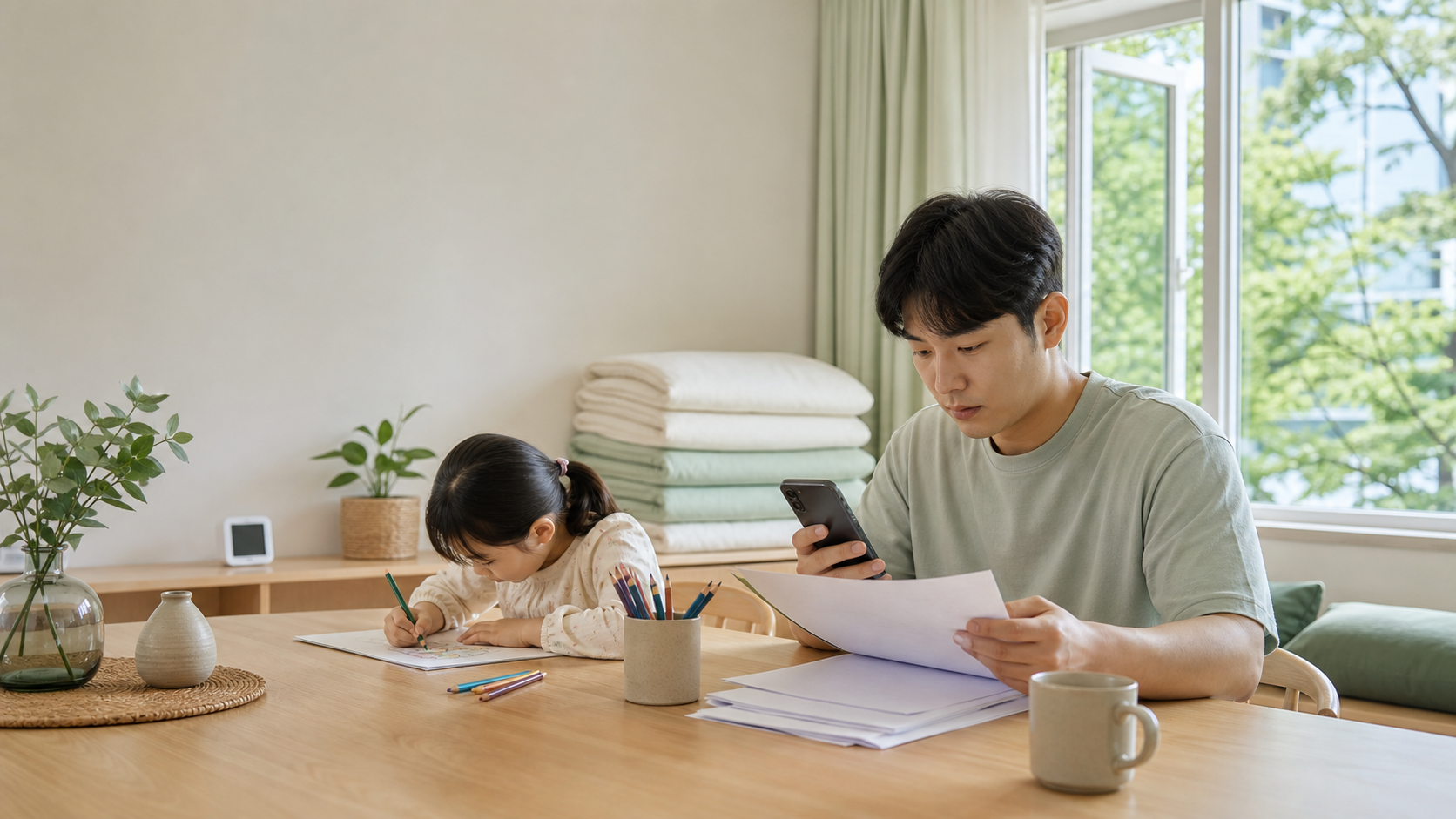 가정의 식탁에서 보호자가 휴대전화와 서류를 함께 확인하는 모습