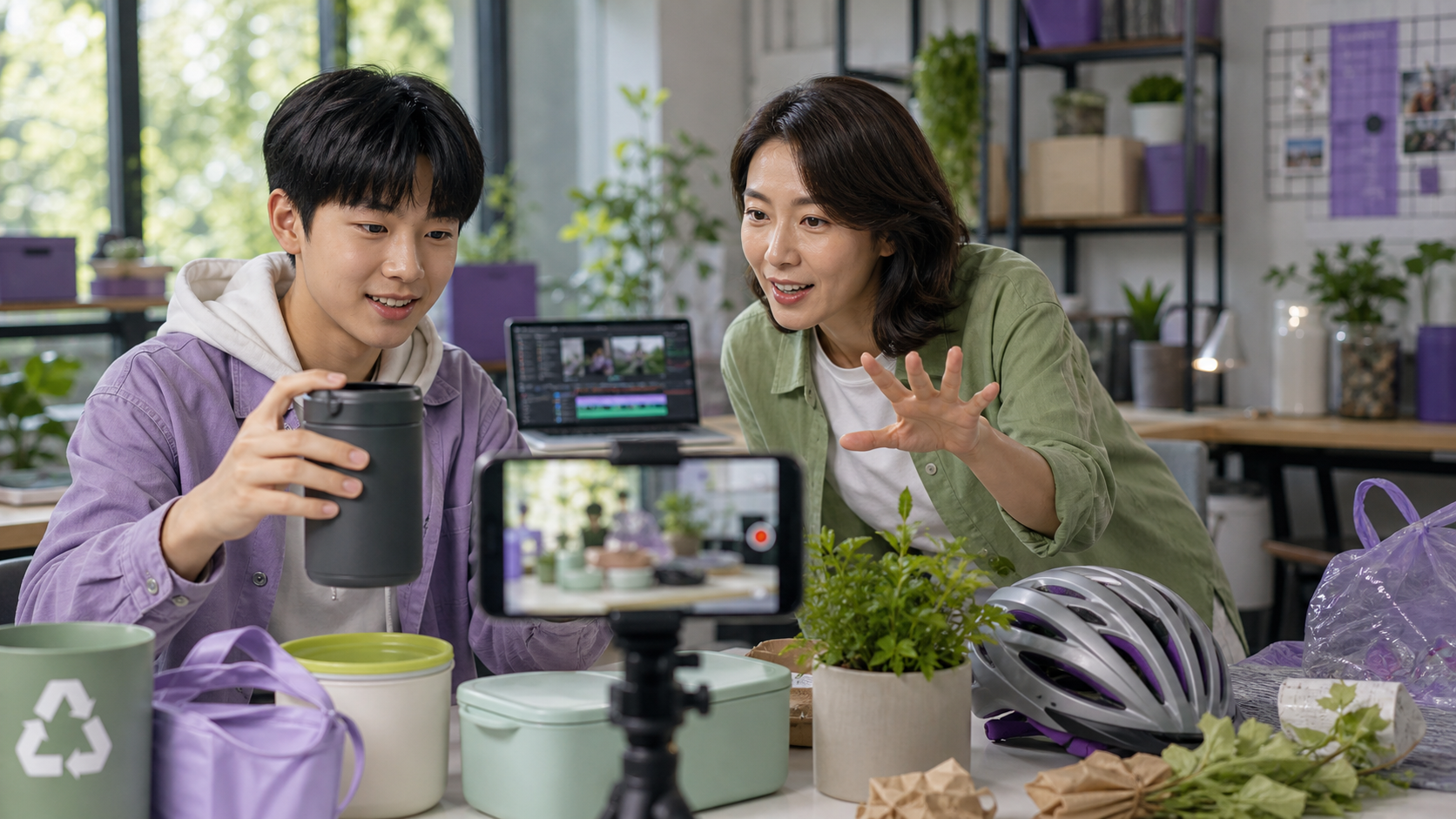 청소년과 성인이 친환경 생활 장면을 휴대전화로 촬영하는 모습