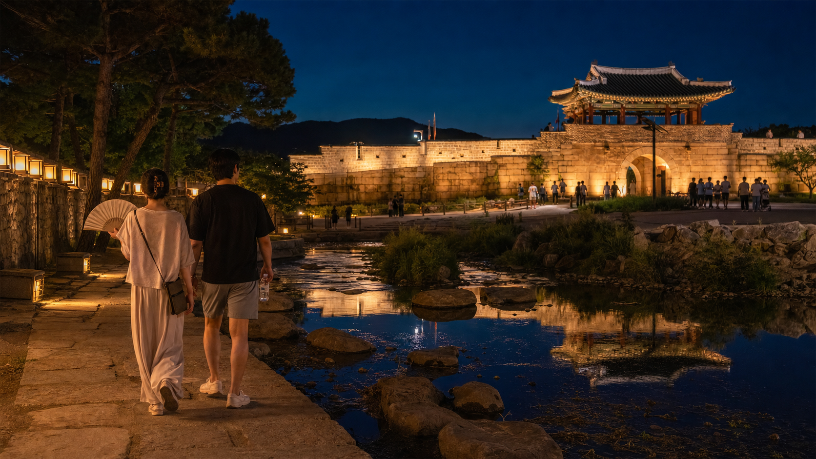 수원화성 수변과 누각을 걷는 관람객의 여름밤 풍경