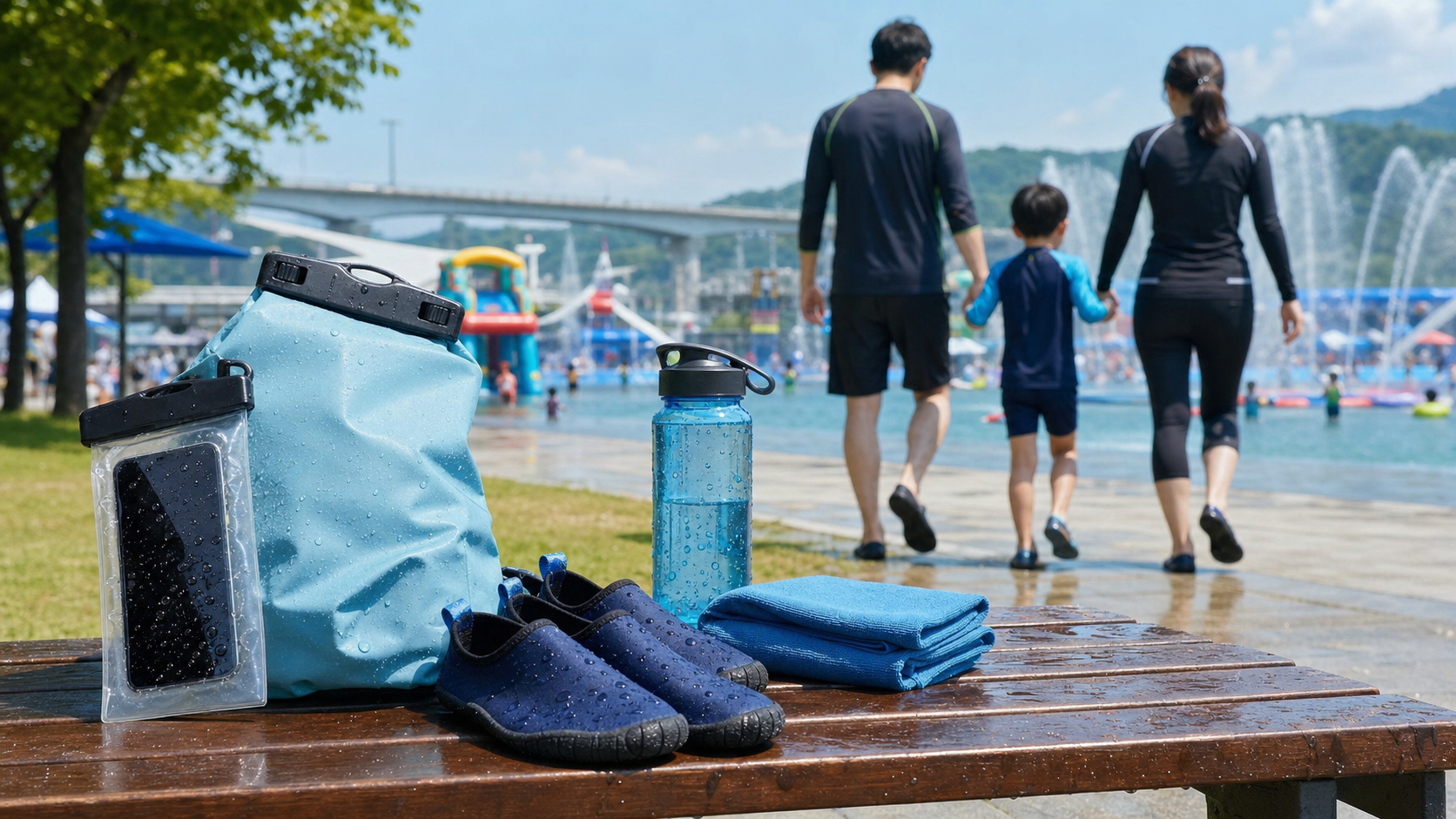 물축제장 앞 벤치에 방수가방과 아쿠아슈즈, 수건을 준비한 가족의 모습