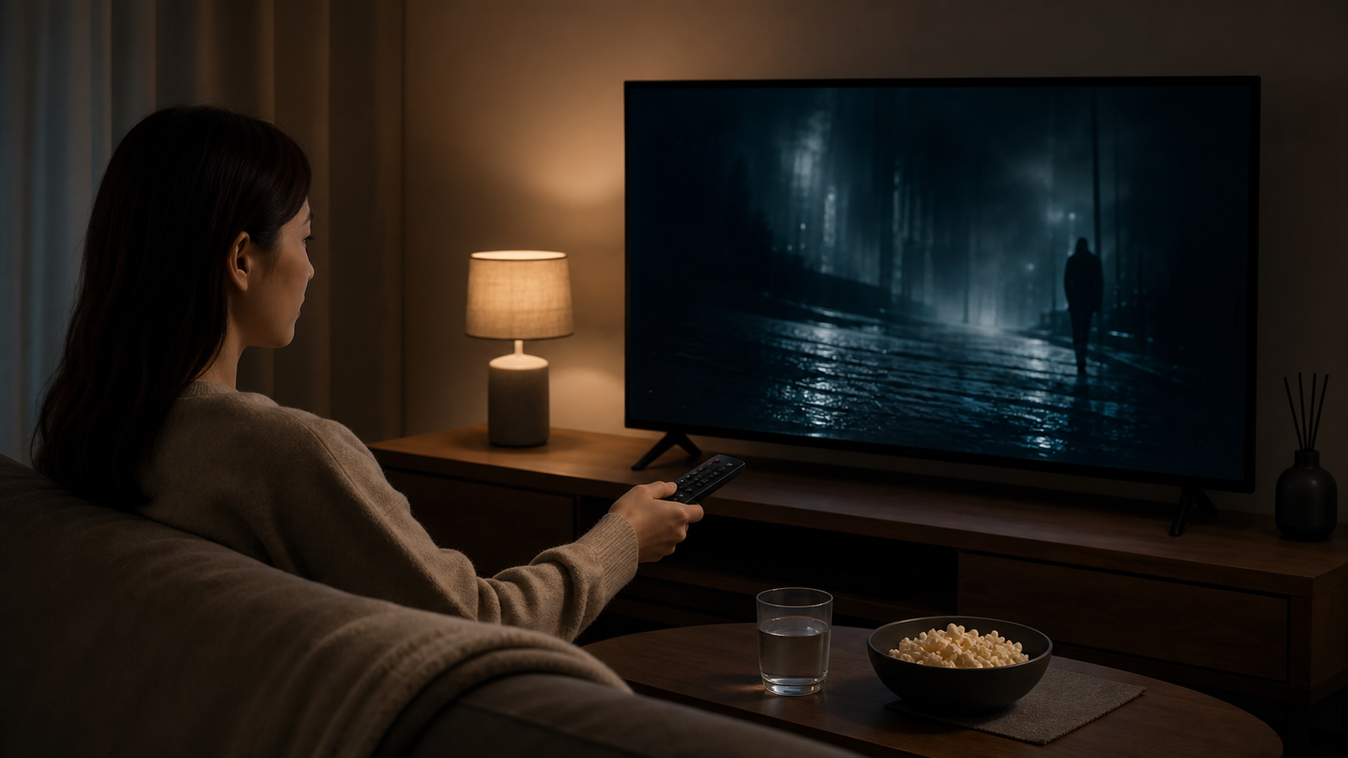 성인 시청자가 은은한 실내 조명 아래에서 TV 밝기와 자막 설정을 조절하는 모습