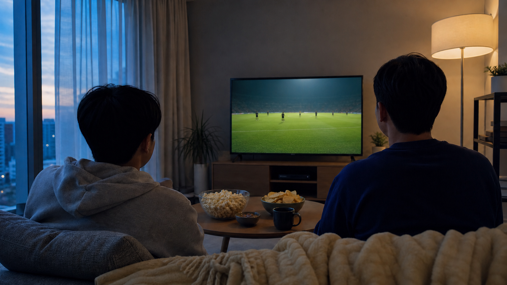 새벽 거실에서 축구 개막 경기를 기다리는 시청자들의 뒷모습