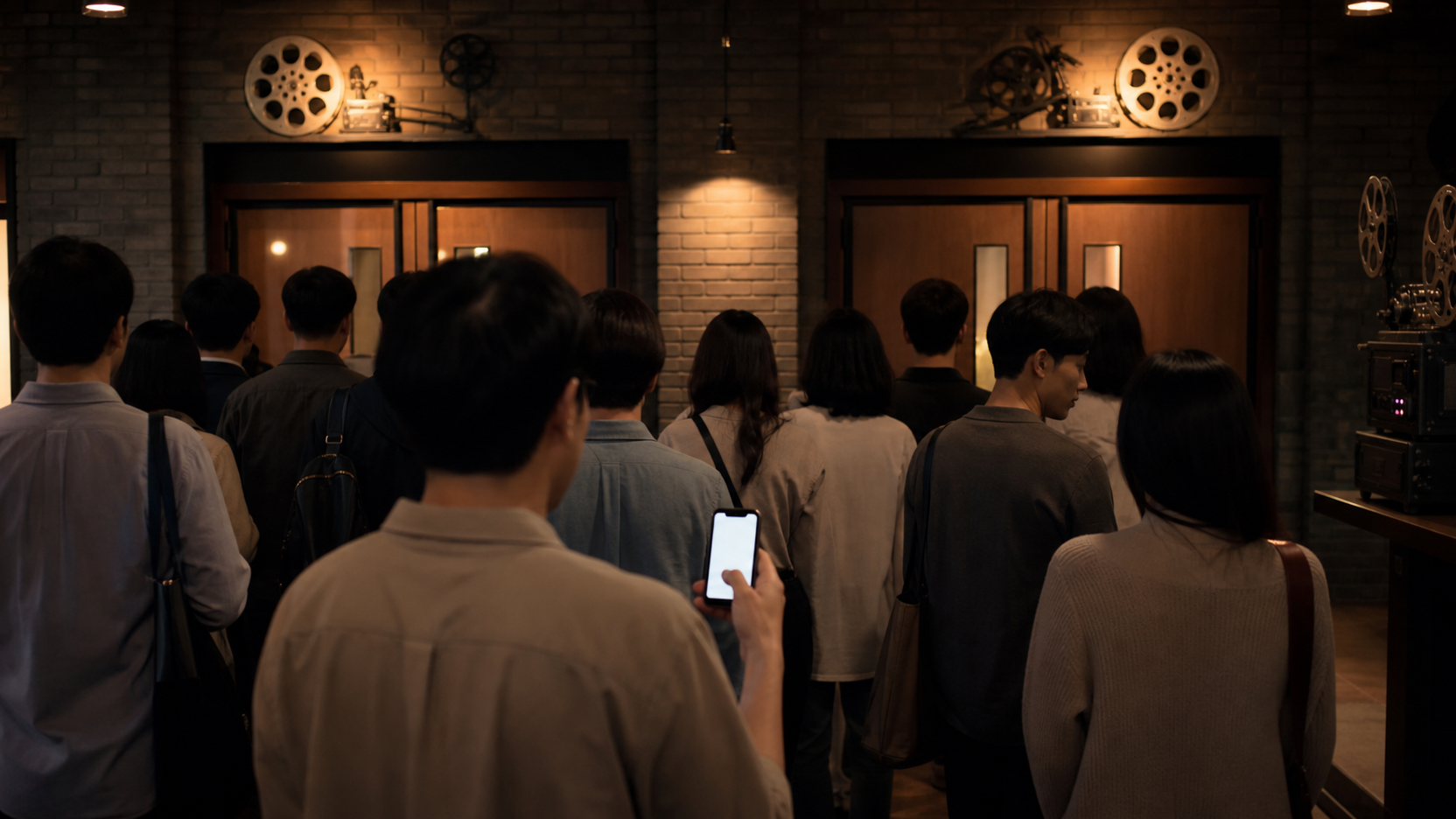 서울의 작은 영화제 극장 로비에서 모바일 표를 확인하는 관객들