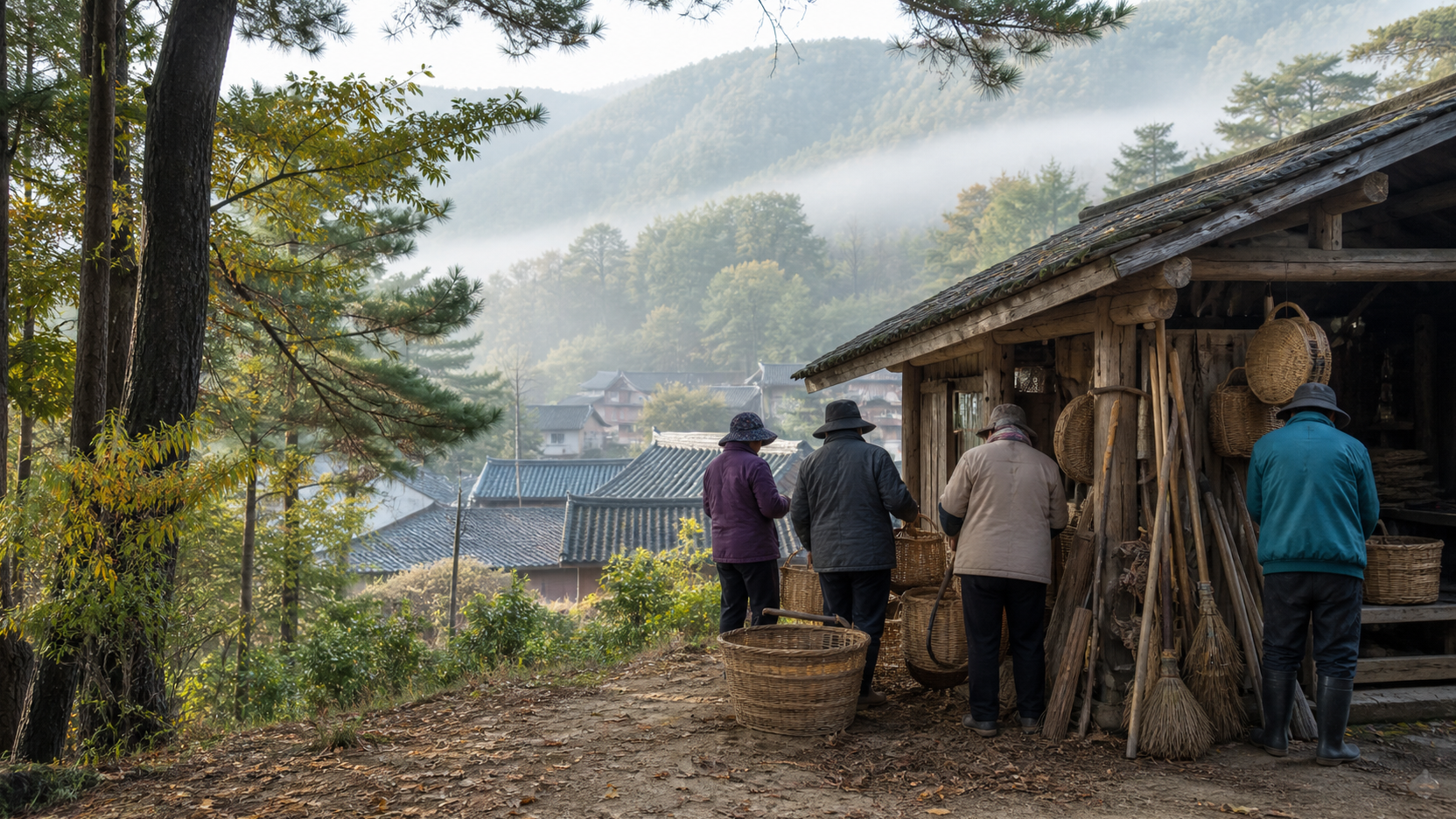 경북 산촌의 솔숲 가장자리에서 마을 주민들이 바구니를 정리하는 가을 아침 풍경