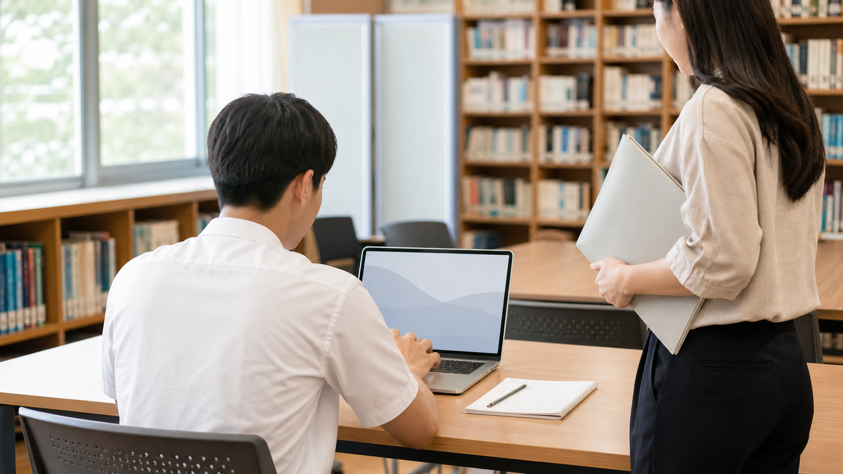 학교 도서관에서 노트북을 살피는 학생과 교사