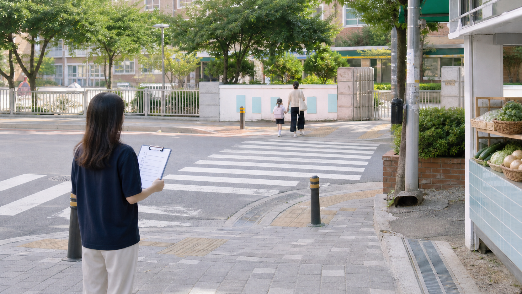 초등학교 인근 횡단보도와 보행 환경을 점검하는 조사원