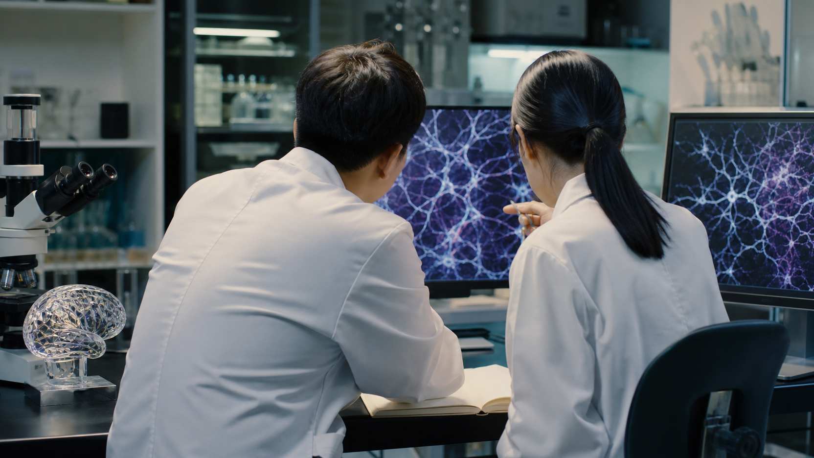 신경세포 영상을 살펴보는 두 연구자의 뇌과학 실험실 장면