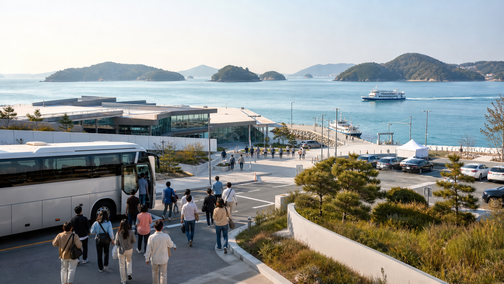 해안 전시장과 섬을 버스와 배로 잇는 관람객 동선